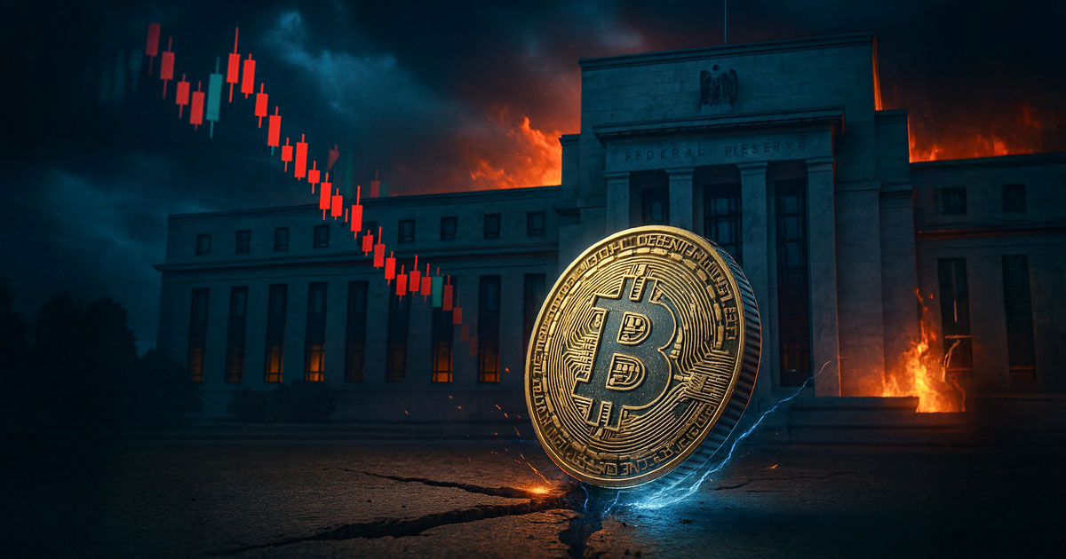 Golden Bitcoin coin cracking the pavement in front of a burning Federal Reserve building with a falling red candlestick chart in the sky, illustrating Bitcoin price stagnation and market fear despite the Fed’s recent interest rate cut.