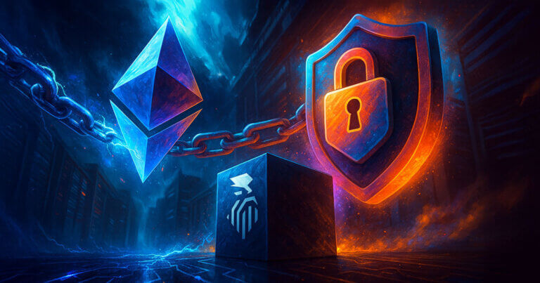 Futuristic illustration of Ethereum chained to a glowing security shield and TEN Protocol cube inside a dark data center, symbolizing how TEN Protocol aims to fix Ethereum’s transparency problem with private “compute in confidence” smart contracts and enhanced on-chain privacy.