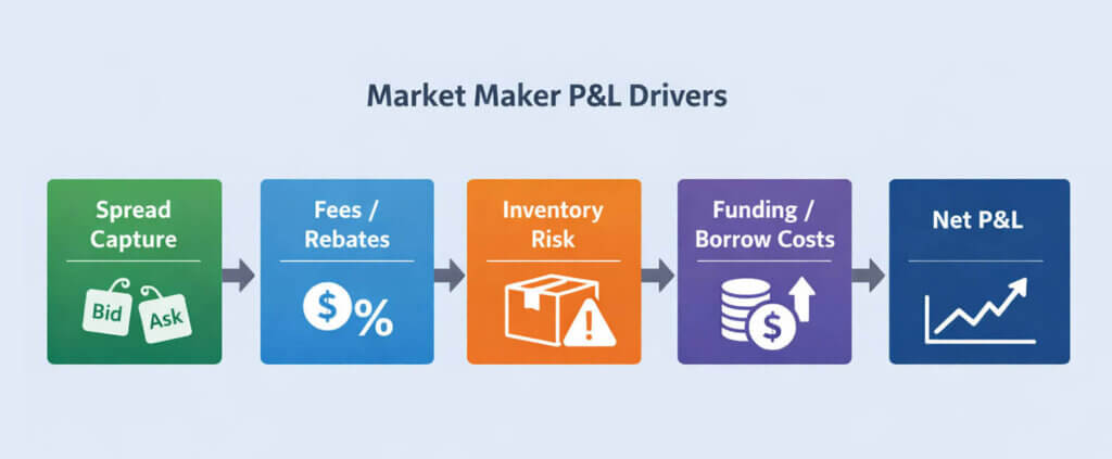 Diagram of market maker P&L drivers and how they combine into net returns.
