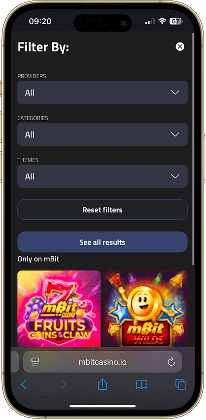 mBit Casino game filters showing drop down menus for providers, categories and themes.
