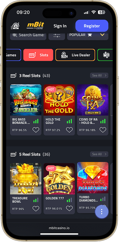 mBit Casino game lobby showing video slots thumbnails with game filters and the standard CTAs at the top.