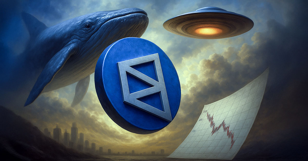 A surreal scene with a whale, Polymarket logo coin, hovering UFO, and plunging chart, illustrating market manipulation accusations after Polymarket resolved a $16M UFO contract without releasing data.