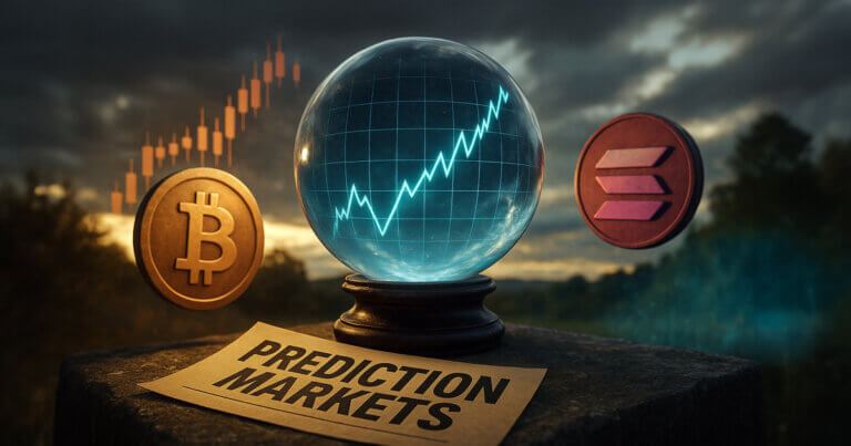 Crystal ball with rising price chart between Bitcoin and Solana coins above a “Prediction Markets” headline, illustrating record November prediction markets as Solana memecoins fade and crypto liquidity rotates.
