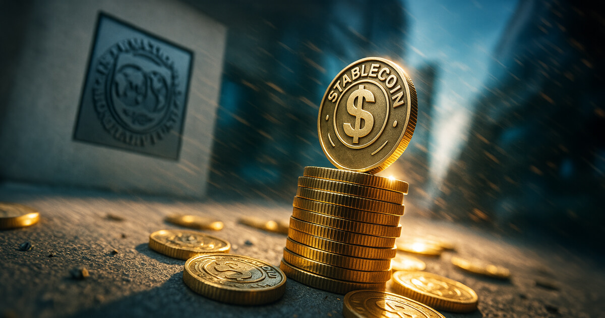 A dramatic stack of gold stablecoin tokens sits in front of an International Monetary Fund building as sunlight cuts through a stormy city backdrop, symbolizing the IMF’s growing concern over the rapid rise of the global stablecoin industry.