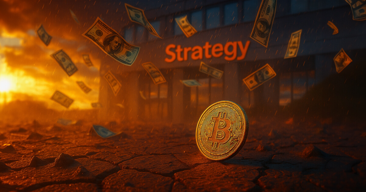 Bitcoin coin on cracked ground with dollar bills flying in a storm outside a building labeled “Strategy,” symbolizing MicroStrategy’s contingency plan to sell Bitcoin while establishing a $1.4B cash reserve.