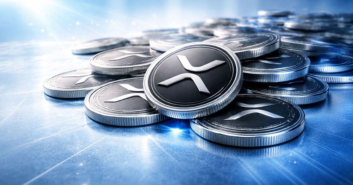 A pile of sleek XRP coins stacked on a reflective blue surface, highlighting shrinking exchange reserves as traders question whether historic lows signal a coming rally.