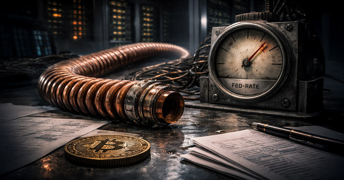 Copper coil and Fed-rate gauge sit beside a Bitcoin coin on a desk, capturing surging copper prices, AI-driven demand, and rate uncertainty pressuring crypto
