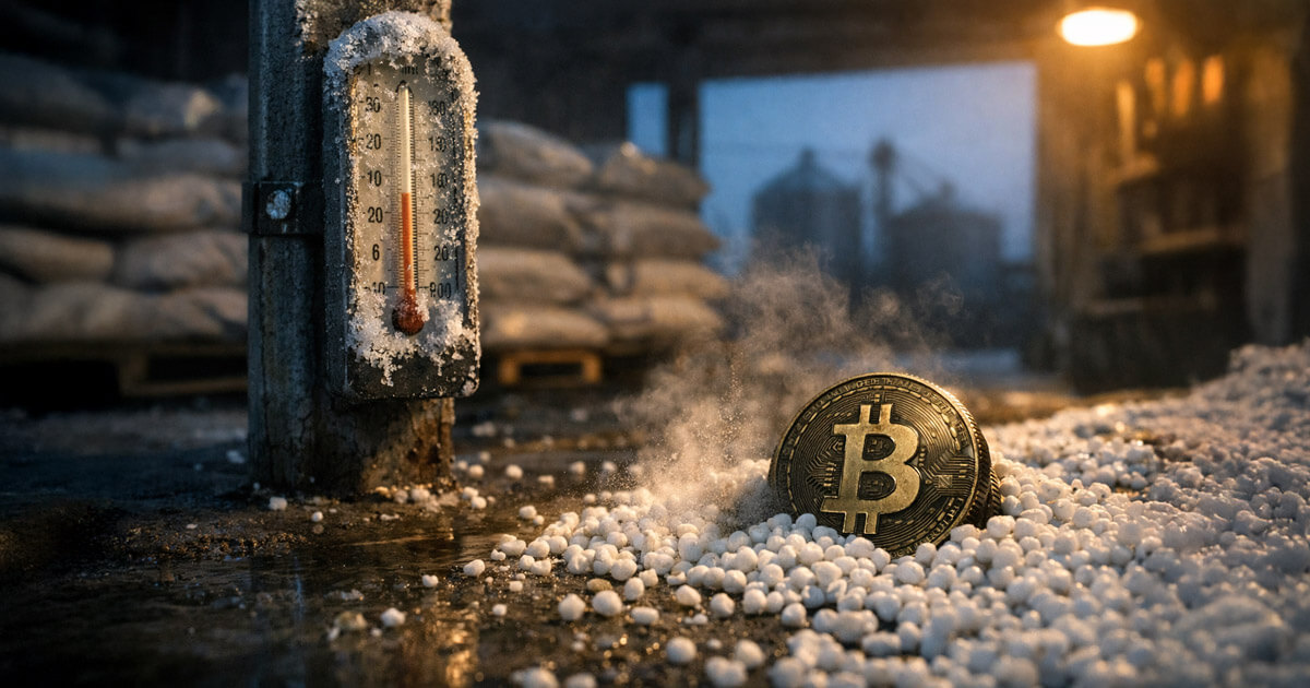 Frosted thermometer beside a steaming Bitcoin coin amid fertilizer pellets in a cold warehouse, symbolizing a 17% fertilizer surge that risks reversing cooling inflation signals