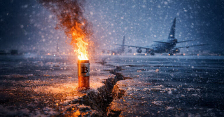 A burning Bitcoin flare stands in a cracked, snow-covered runway as planes loom in the background, symbolizing Bitcoin as a last lifeline amid doubts over the US-led world order