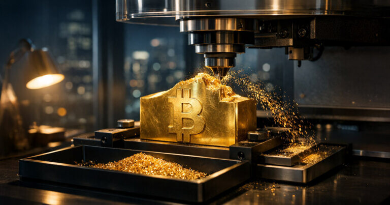 A CNC machine shaves gold from a Bitcoin ingot, symbolizing BlackRock’s IBIT call-selling strategy that generates income while giving up Bitcoin’s strongest upside days