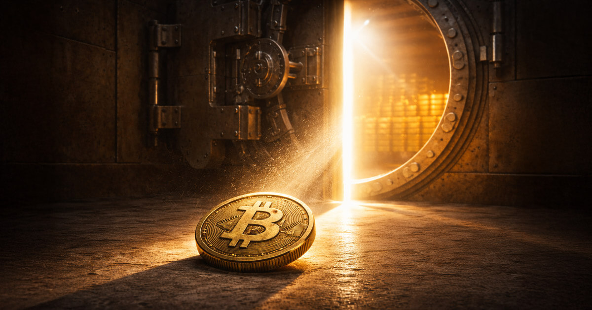 A Bitcoin coin lit by a vault opening glows beside stacked gold bars, symbolizing gold’s new all-time high and why Bitcoin could surge next