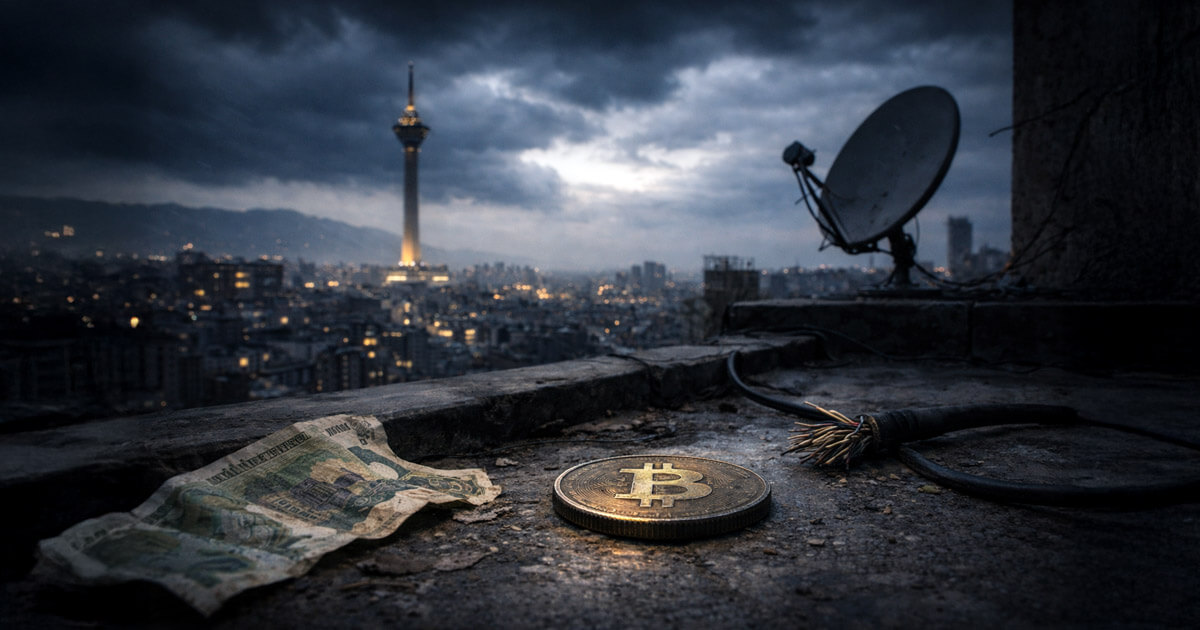 A Bitcoin rests beside a devalued Iranian rial note overlooking Tehran’s skyline, symbolizing how currency collapse drives interest in Bitcoin’s limits and potential as money