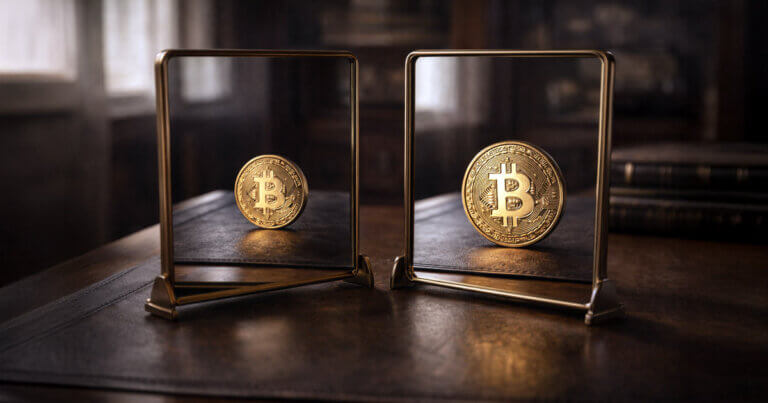 Two Bitcoin coins displayed behind glass panels on a desk, symbolizing Vanguard’s increased Metaplanet exposure and a subtle ratio that hints at deeper institutional positioning signals