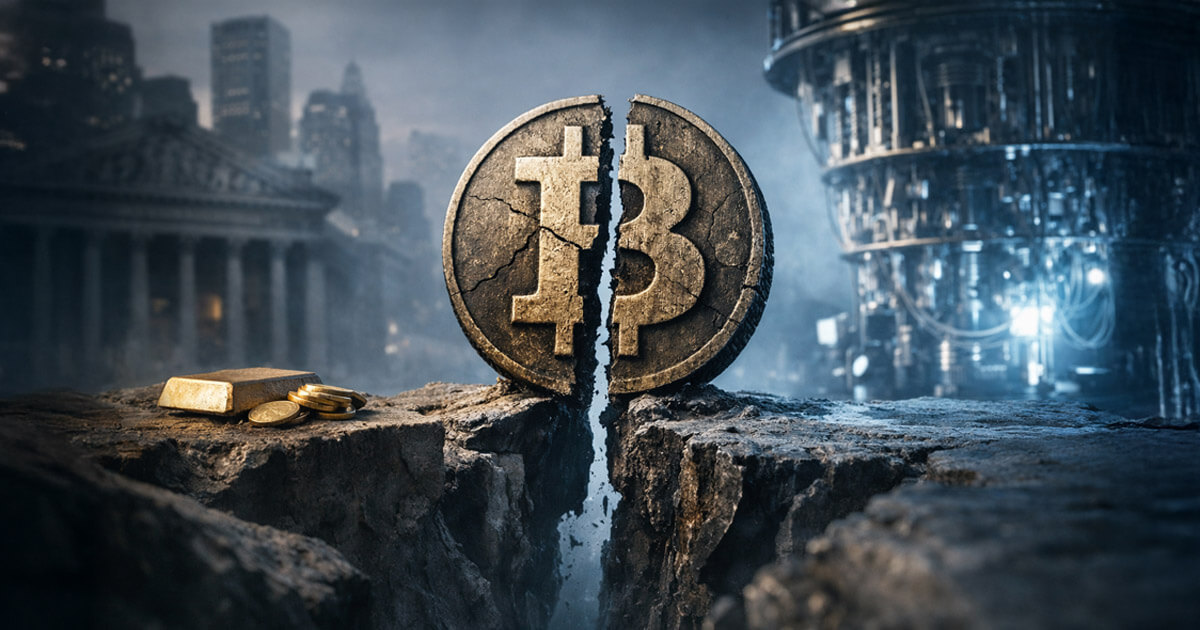 A cracked Bitcoin coin stands over a widening fault line between Wall Street landmarks, symbolizing how the debate has shifted from price targets to upgrade and governance risk