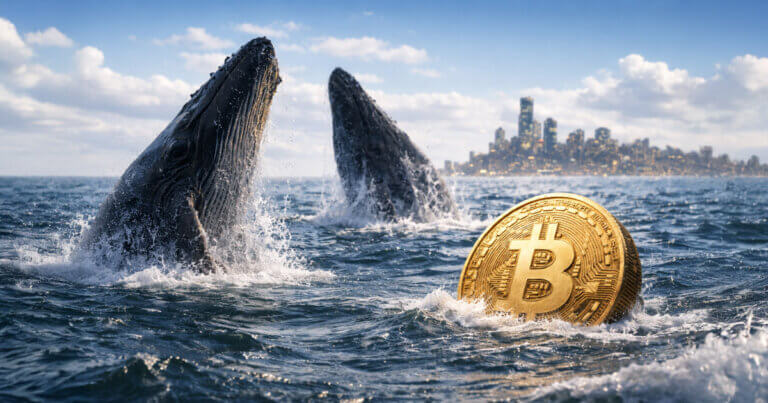 Two whales breach near a floating Bitcoin coin off a city skyline, symbolizing whale activity that once drove BTC to new highs as data now points to near-term volatility