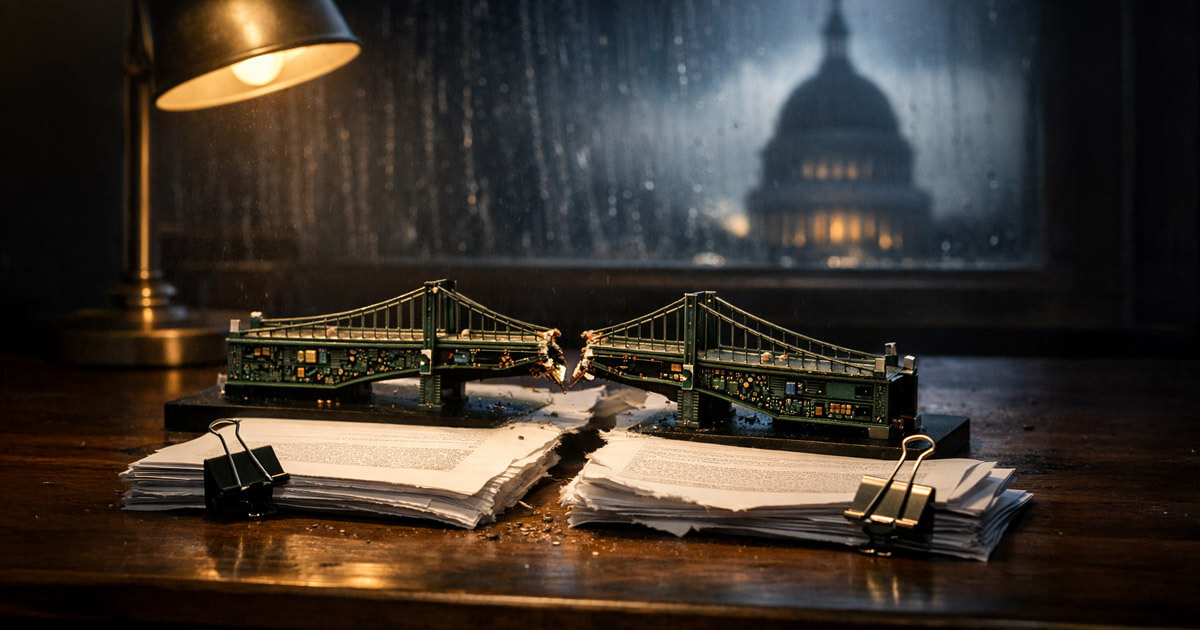 A shattered miniature bridge over torn legislation on a desk, with the US Capitol blurred behind, symbolizing the collapse of bipartisan Senate crypto talks and stalled developer protections