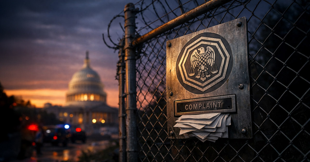 Complaint drop box with a federal seal on a fence near the US Capitol at dusk, symbolizing expanded CFTC spot oversight and a new retail crypto complaint pipeline