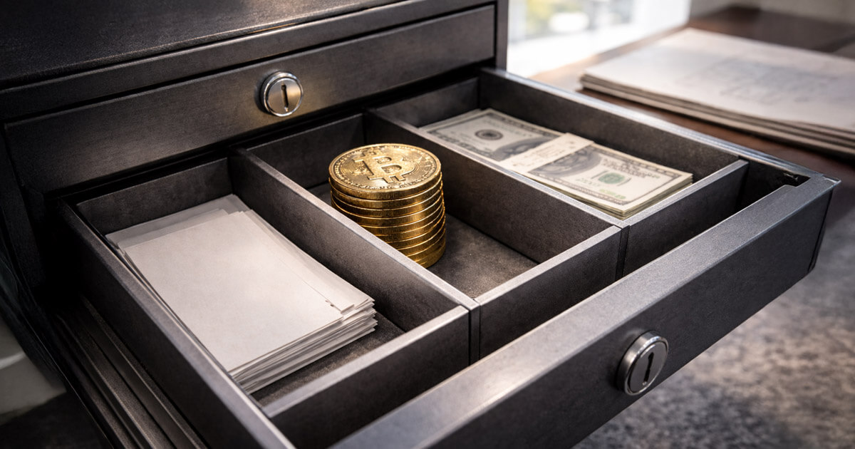An open desk drawer shows Bitcoin coins stacked beside cash and documents, symbolizing advisors increasing crypto allocations as funds shift away from traditional assets