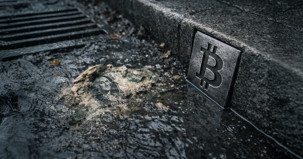 A rain-soaked street shows a decaying US dollar bill washing toward a drain beside a fixed Bitcoin symbol, illustrating dollar erosion versus Bitcoin resilience