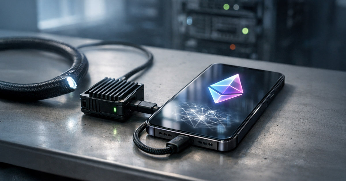 Smartphone displaying the Ethereum logo connected to a hardware device, illustrating new wallet security upgrades Vitalik says are shipping to end trust-based wallets by 2026
