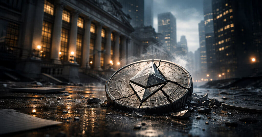 Cracked Ethereum coin lies on a wet street near major financial buildings, symbolizing how an ETH price collapse could ripple into traditional markets and institutions