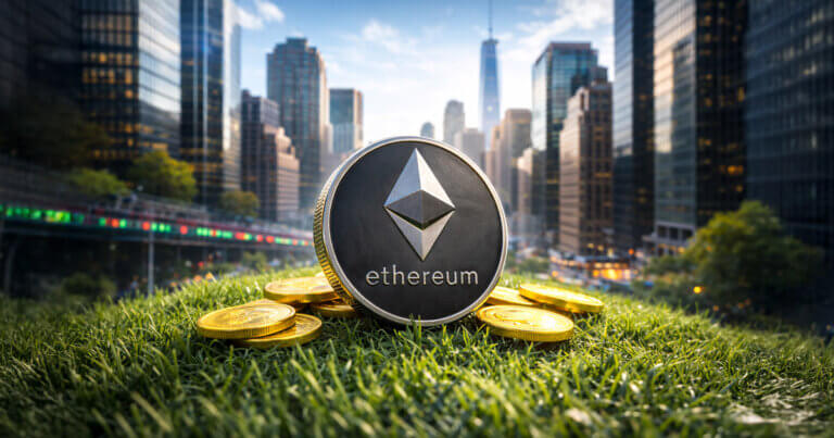 An Ethereum coin stands on grass with gold tokens scattered around it against a city skyline, illustrating how ETH ETFs delivered yield through Grayscale’s $9.4M staking test.