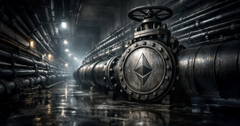 Industrial pipeline stamped with the Ethereum logo in a vast underground network, symbolizing BlackRock’s view that Ethereum now dominates crypto’s global settlement layer