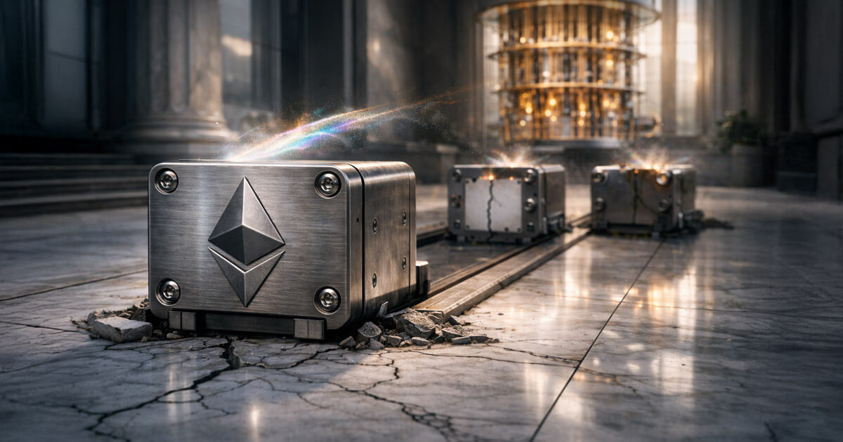 Steel Ethereum blocks advance along cracked rails inside a secure hall, symbolizing quantum readiness tests where system resilience, not Q-day timing, determines what fails first