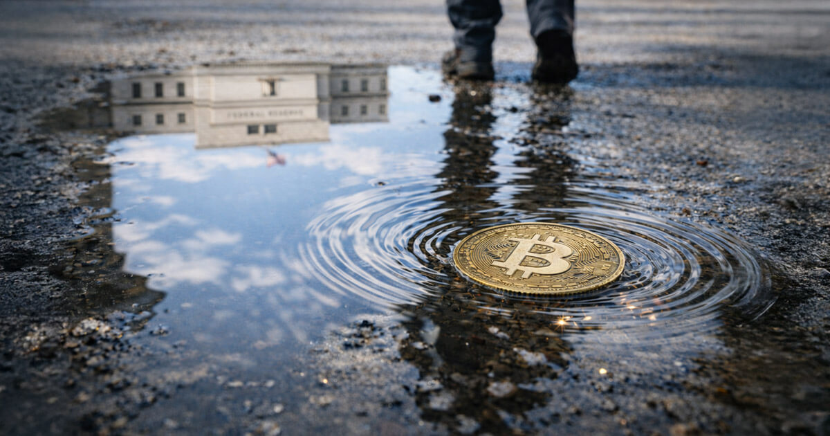 A Bitcoin coin ripples in a puddle reflecting a US government building as a passerby walks past, symbolizing how Trump and Powell political tensions could impact Bitcoin markets