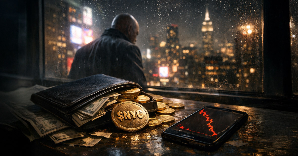 A wallet stuffed with $NYC tokens and cash sits beside a plunging price chart, illustrating the 81% crash and how a single wallet’s 70% control rigged the market