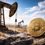 A Bitcoin coin on desert rocks near oil pumps as markets shift, illustrating why crude prices reacted to Maduro’s capture while Bitcoin remained steady.