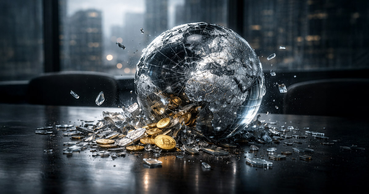 Shattered glass globe spilling Bitcoin and coins across a boardroom table, capturing a synchronized global market crash where stocks and crypto sell off together