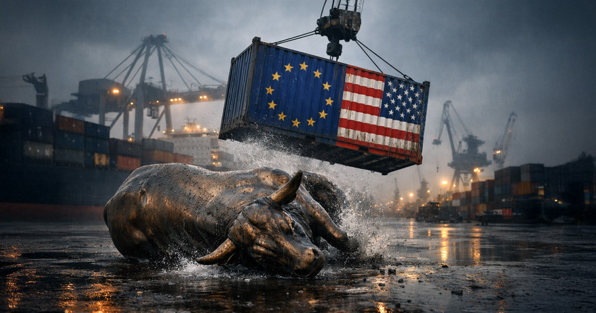 Bronze bull knocked down by a shipping container bearing EU and US flags at a rainy port, symbolizing Bitcoin long traders hit hard by escalating tariff wars