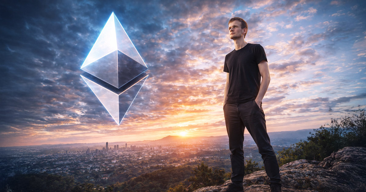 A man standing on a hill at sunset beside a large glowing Ethereum symbol overlooking a city, illustrating Vitalik’s claim that Ethereum has solved the blockchain trilemma.