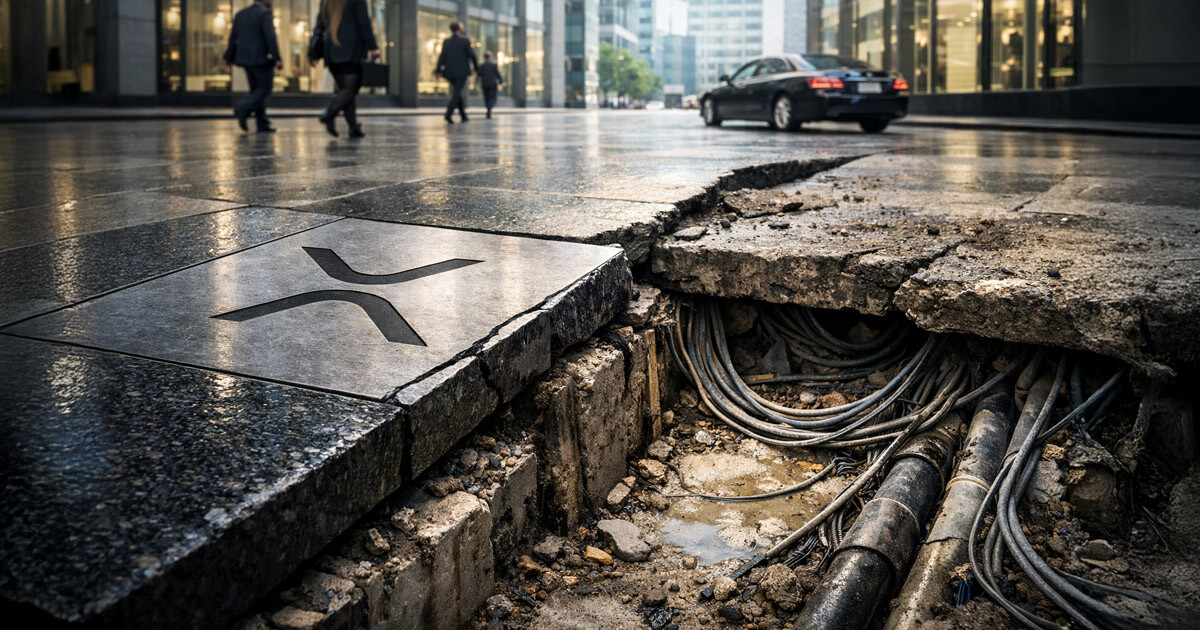 Cracked city pavement with an XRP logo tile over exposed cables as executives walk past, symbolizing Ripple’s institutional wins and XRP Ledger user decline