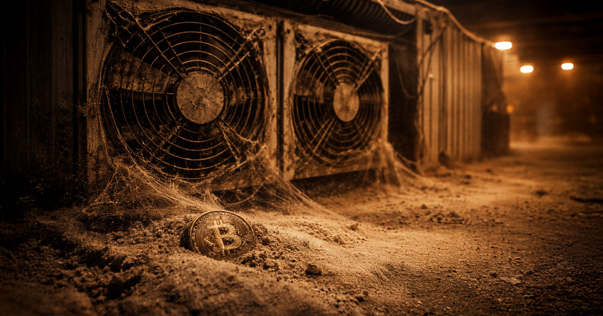 Dust-covered Bitcoin coin in an abandoned crypto mining facility with idle cooling fans, symbolizing a Bitcoin miner revenue crash to record lows.