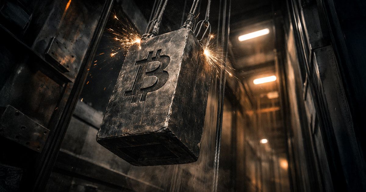 Heavy metal Bitcoin block dropping on cables in an industrial shaft with sparks flying, symbolizing Bitcoin freefall and a leverage-driven cascade after a macro wobble since Trump took office.