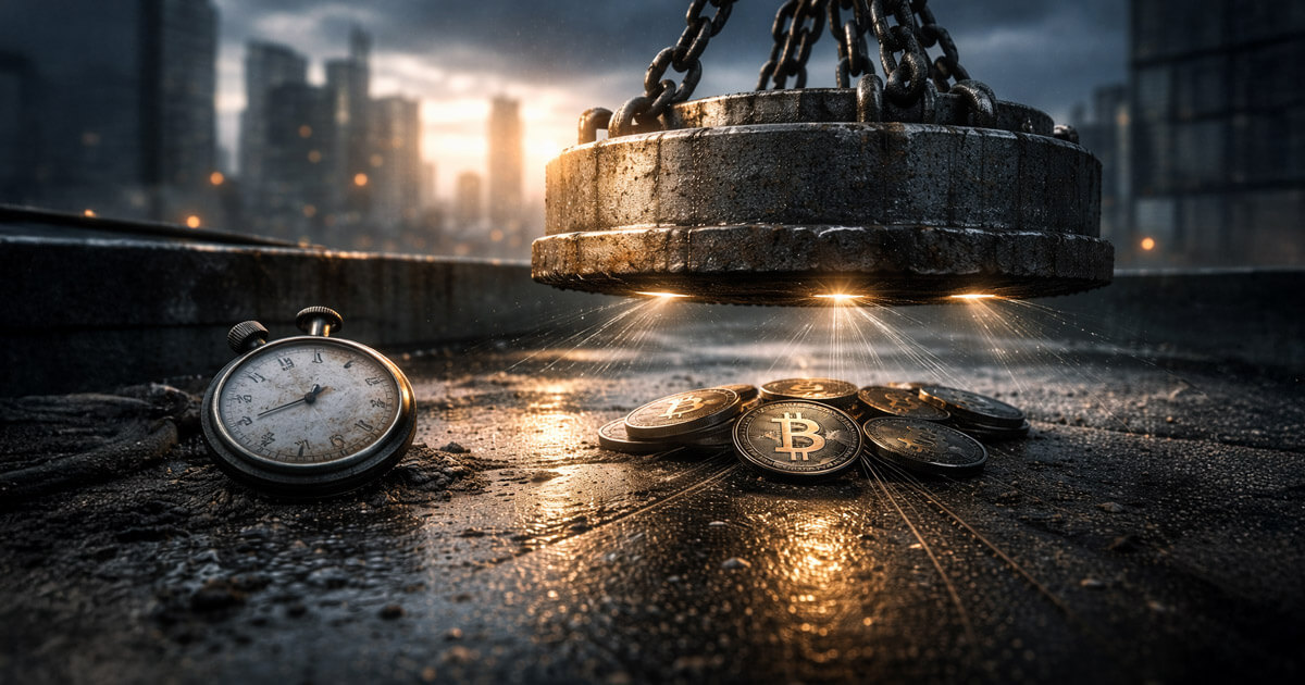 Heavy industrial weight hanging on chains above scattered Bitcoin coins beside a stopwatch, symbolizing $8.46B in Bitcoin options expiring March 27 and price gravitating toward the $90K magnet.