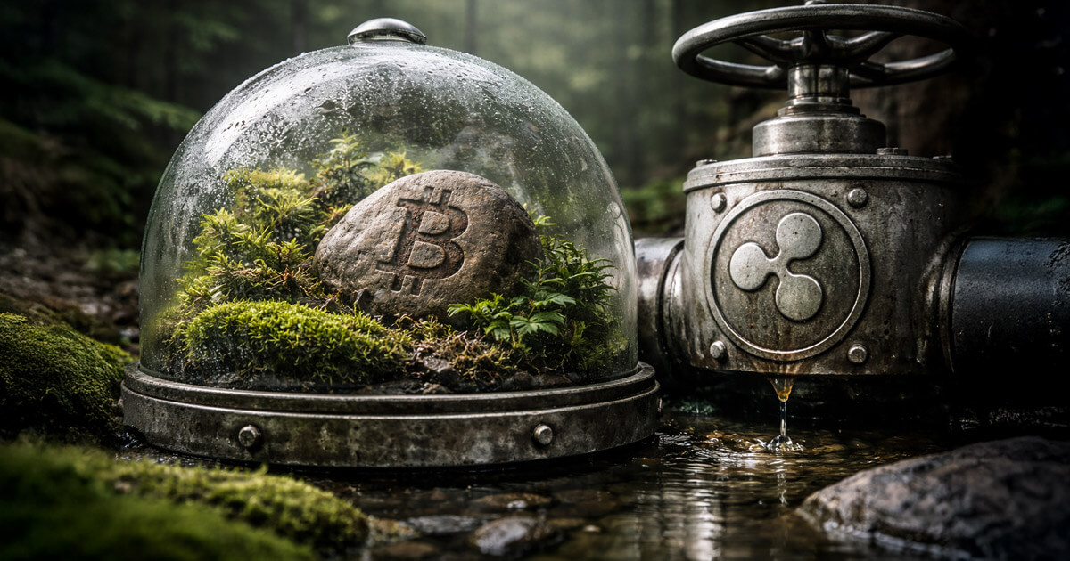A Bitcoin-engraved stone sealed inside a glass terrarium while a Ripple-branded valve drips nearby, symbolizing early Bitcoiners’ concerns that XRP was harmful to the crypto ecosystem