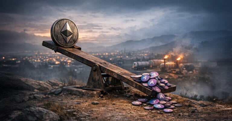 Ethereum coin on a rusted seesaw tipping against a pile of Aave tokens, symbolizing Trend Research’s ETH sell-off and rising liquidation risk near key Aave thresholds