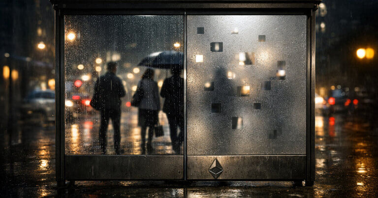 Rainy city bus shelter split between transparent and frosted panels with Bitcoin and Ethereum symbols, illustrating divide in crypto privacy between retail opt-in tools and institutional sealed execution and auditability