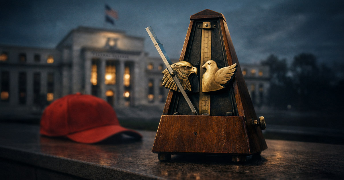 Metronome with eagle and dove emblems beside a red MAGA hat in front of the Federal Reserve building, symbolizing shifting Fed rhetoric that could reshape hawkish vs dovish market trades.