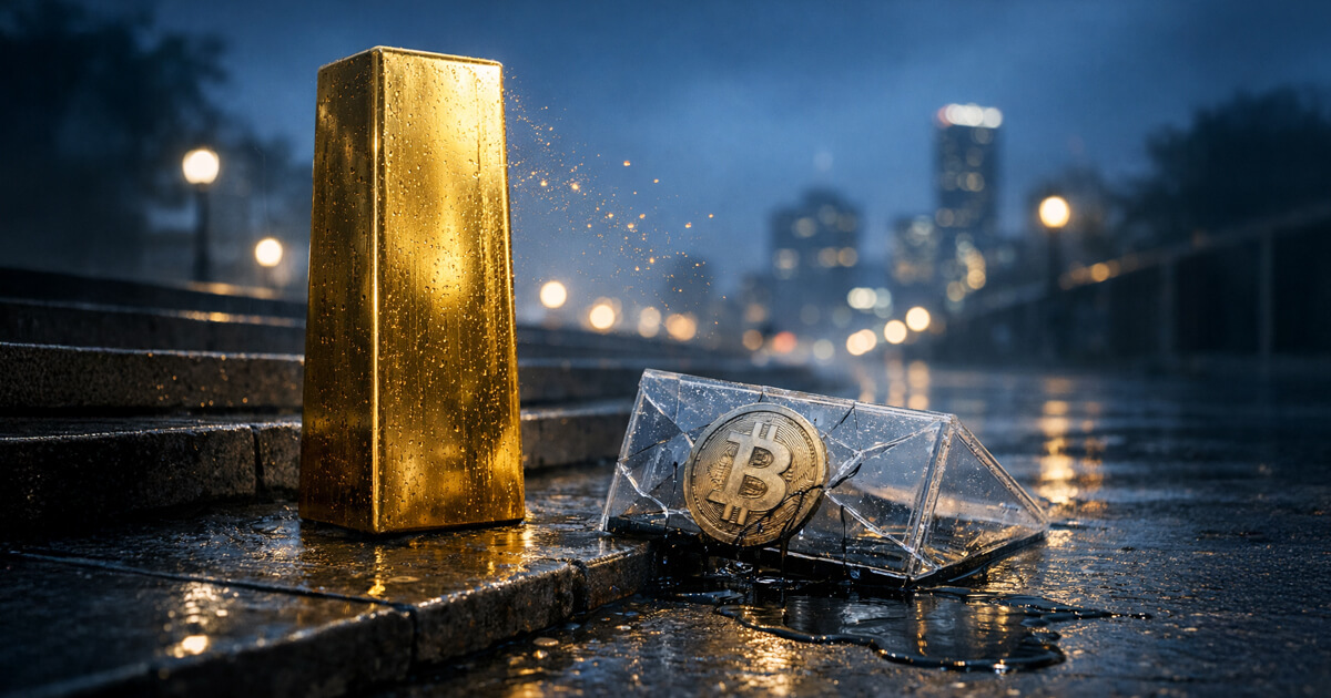 Gold bar standing on rain-soaked pavement beside a cracked glass case holding a Bitcoin coin, illustrating gold highs as Bitcoin ETFs see heavy outflows