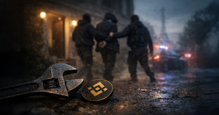 Wrench and crypto coin on wet street as police detain suspect in background, illustrating spike in France crypto-related wrench attacks and leak concerns over target exposure
