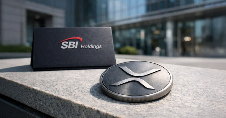 SBI Holdings sign beside an XRP coin outside a corporate office, highlighting the ¥10 billion retail bond launch and an XRP reward incentive with conditions attached