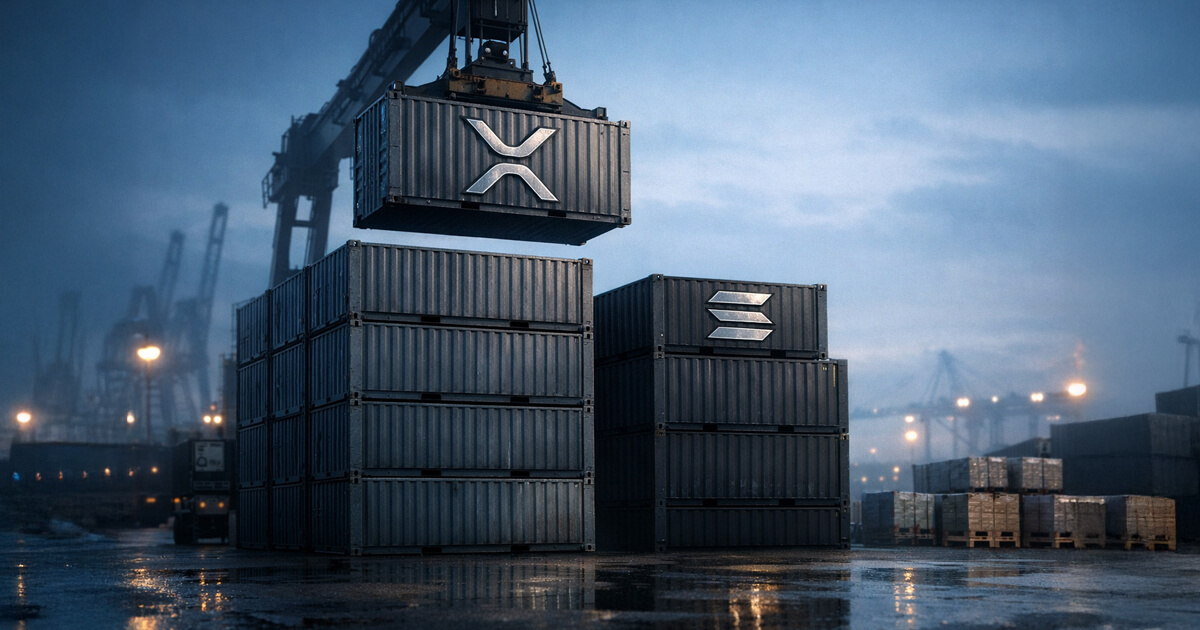 Crane stacking shipping containers marked with XRP and Solana symbols at a port, representing XRP Ledger overtaking Solana in RWA tokenization value as holder counts grow