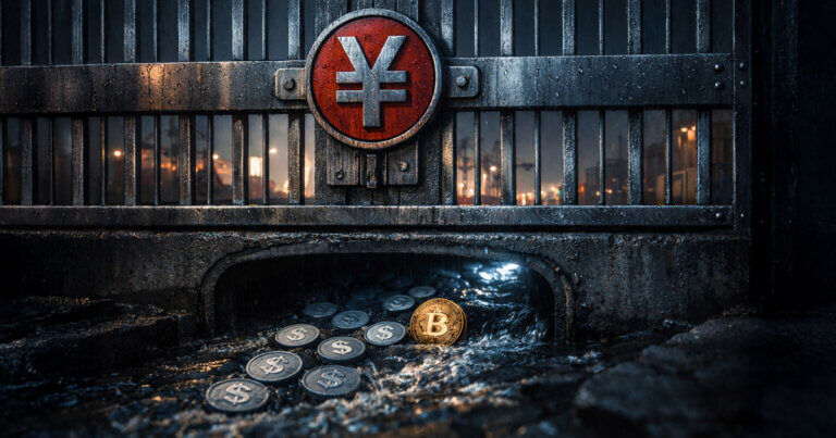 Bitcoin and dollar stablecoins flowing beneath a yuan symbol gate, illustrating China’s push for renminbi dominance as dollar stablecoins grow into a major cross-border payment tool