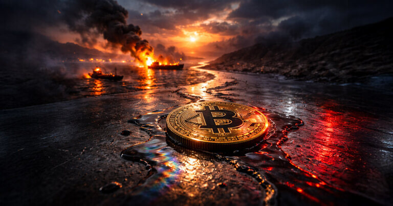 Bitcoin coin on an oil-slicked shoreline with burning ships in the distance, symbolizing a market rebound colliding with war risk, UN Security Council tensions, and Hormuz oil-driven inflation fears