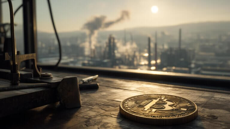 Bitcoin coin on a desk overlooking an industrial skyline as markets reverse $3 trillion and price surges above $70k in minutes