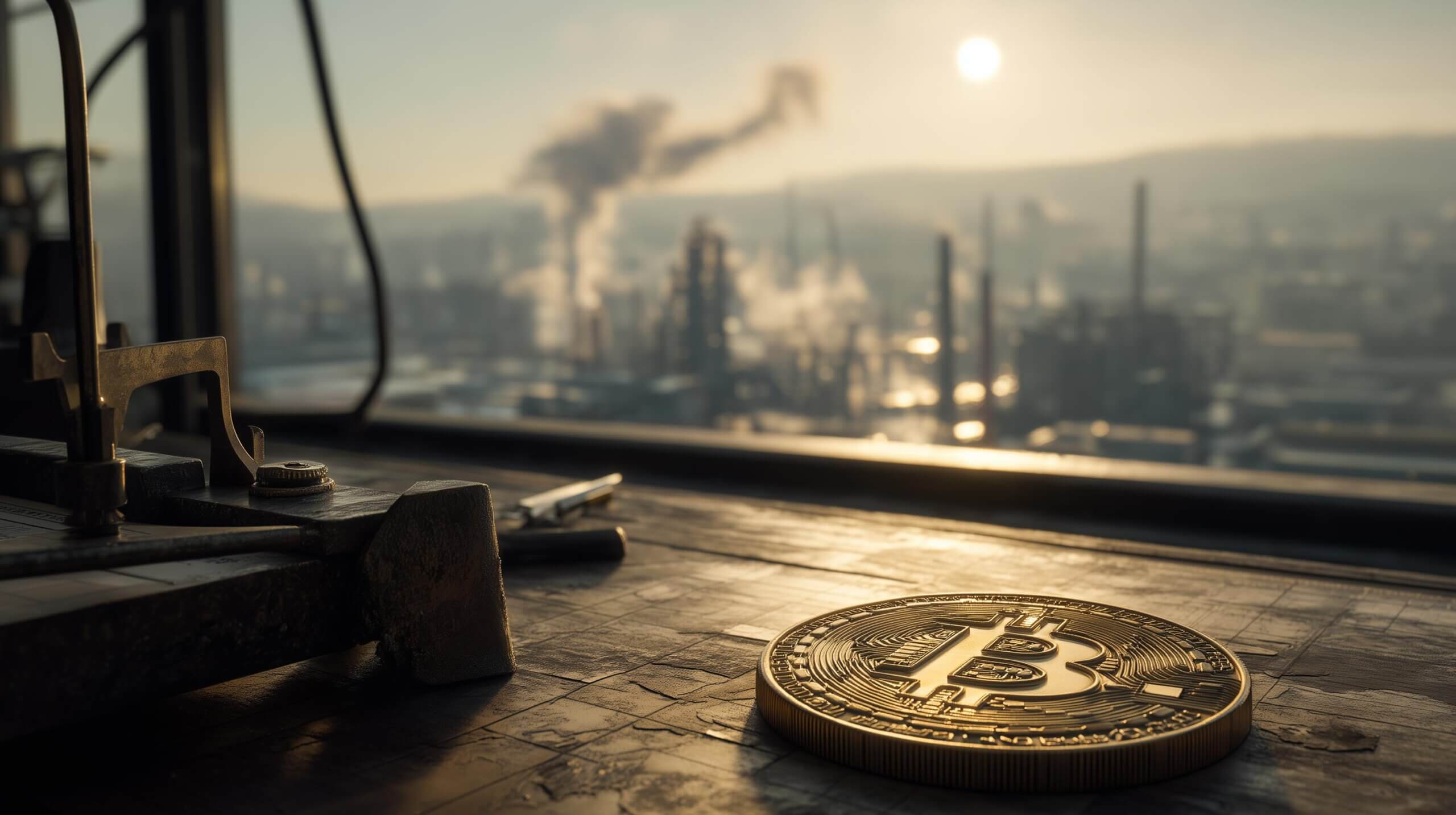 Bitcoin coin on a desk overlooking an industrial skyline as markets reverse $3 trillion and price surges above $70k in minutes